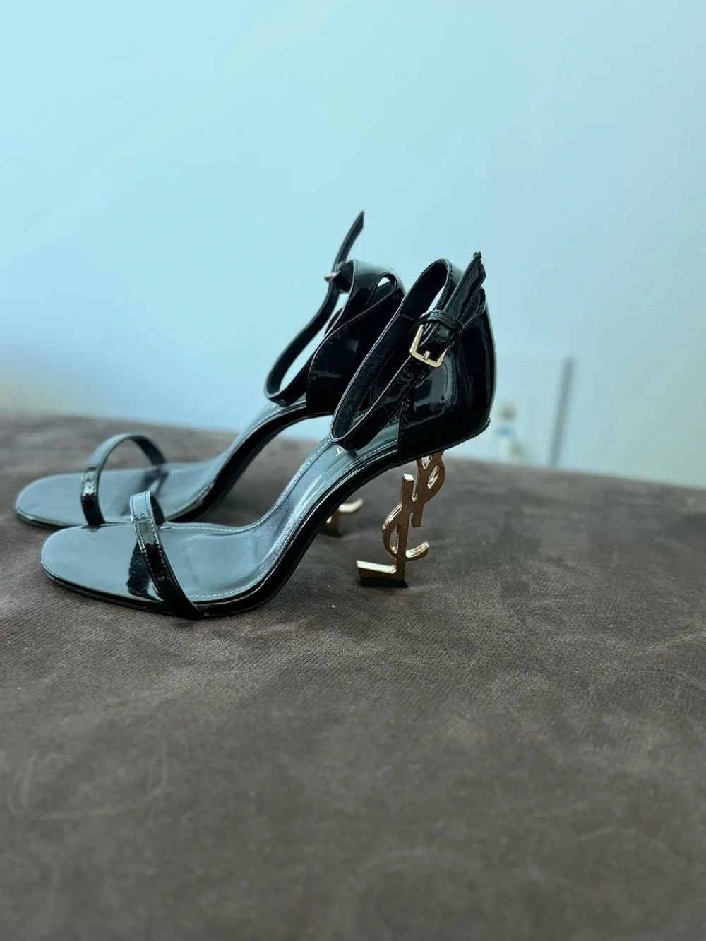 Louis Vuitton Black Patent Sandals with Gold LV Logo Heels